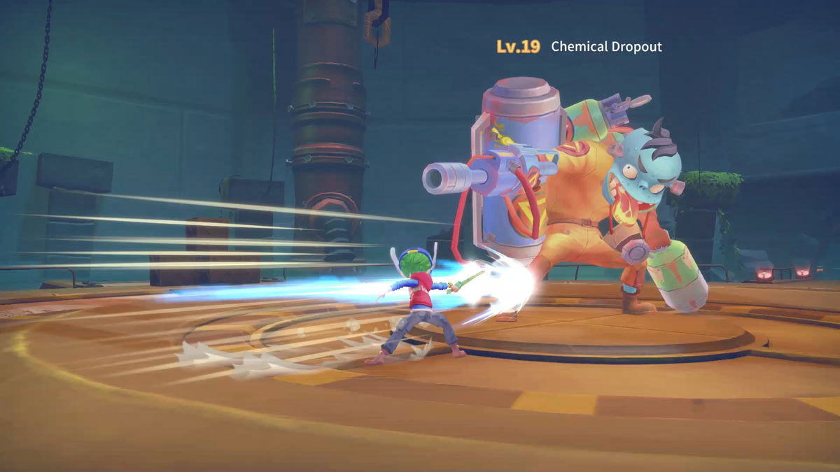 My Time At Portia Screenshot Showing the main male character attacking a level 19 chemical dropout enemy